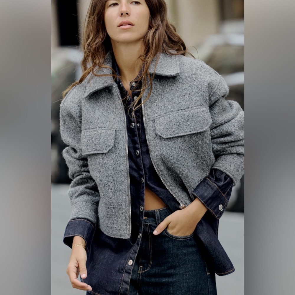 Zara cropped Boucle jacket gray medium